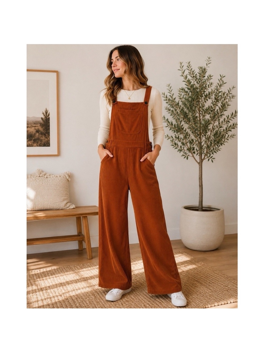 Cider Corduroy Wide-Leg Overalls in Rust Brown